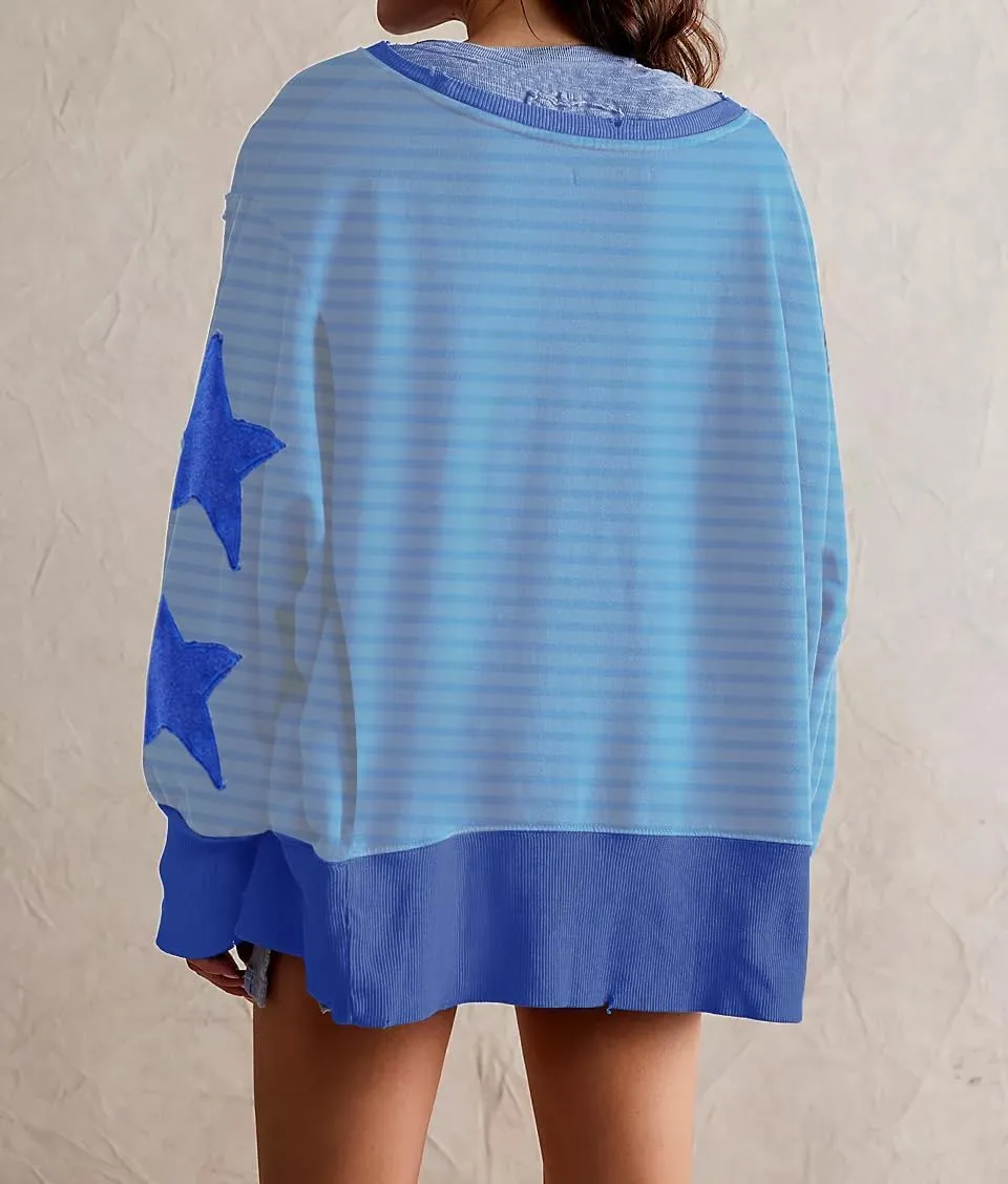 Womens Oversized Crewneck Sweatshirt Y2k Striped Star Long Sleeve Side Slit Pullover Sweatshirt Teen Girl Aesthetic