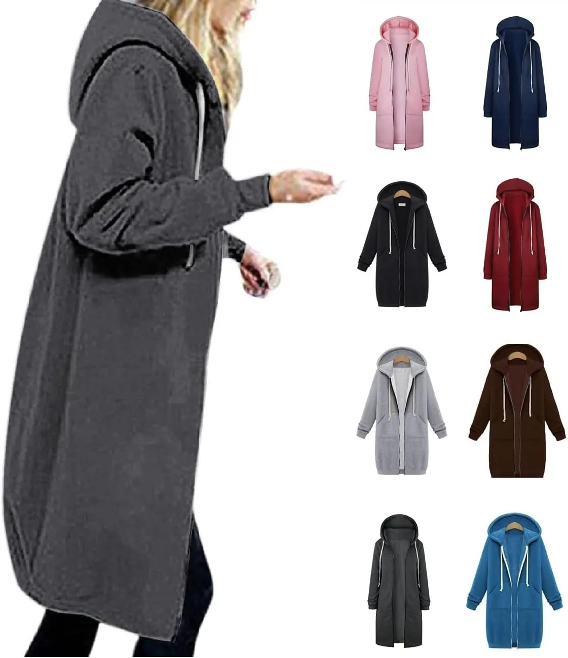 Women's Oversized Long Full Zip Hoodies Winter Warm Sweatshirts Fleece Jacket Fashion Long Sleeve Clothes Pockets
