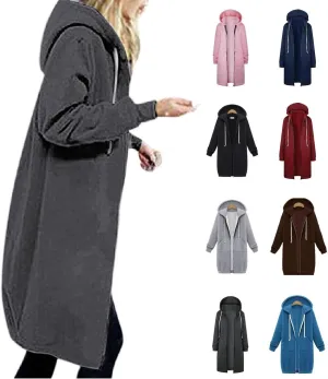 Women's Oversized Long Full Zip Hoodies Winter Warm Sweatshirts Fleece Jacket Fashion Long Sleeve Clothes Pockets