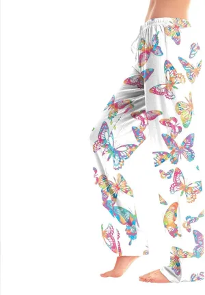 Womens Pajama Pants Butterfly Print High Waist Casual Palazzo Pants Drawstring Wide Leg Trousers with Pocket