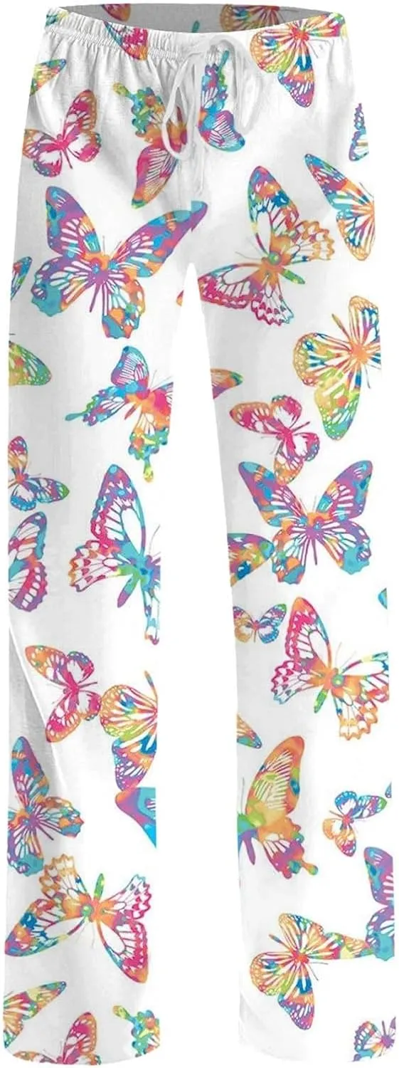 Womens Pajama Pants Butterfly Print High Waist Casual Palazzo Pants Drawstring Wide Leg Trousers with Pocket