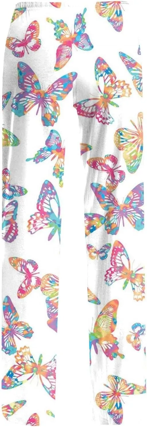 Womens Pajama Pants Butterfly Print High Waist Casual Palazzo Pants Drawstring Wide Leg Trousers with Pocket