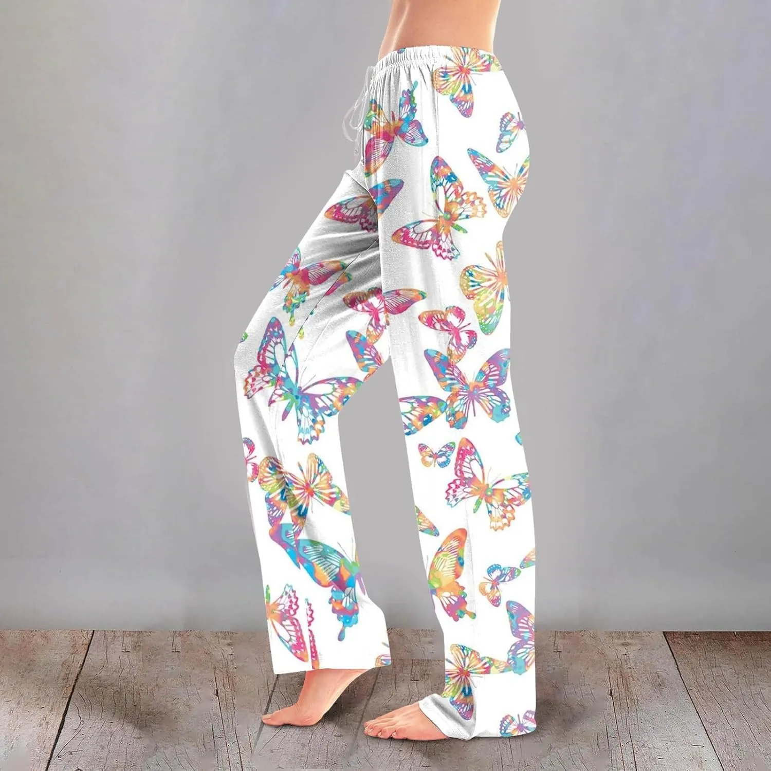 Womens Pajama Pants Butterfly Print High Waist Casual Palazzo Pants Drawstring Wide Leg Trousers with Pocket