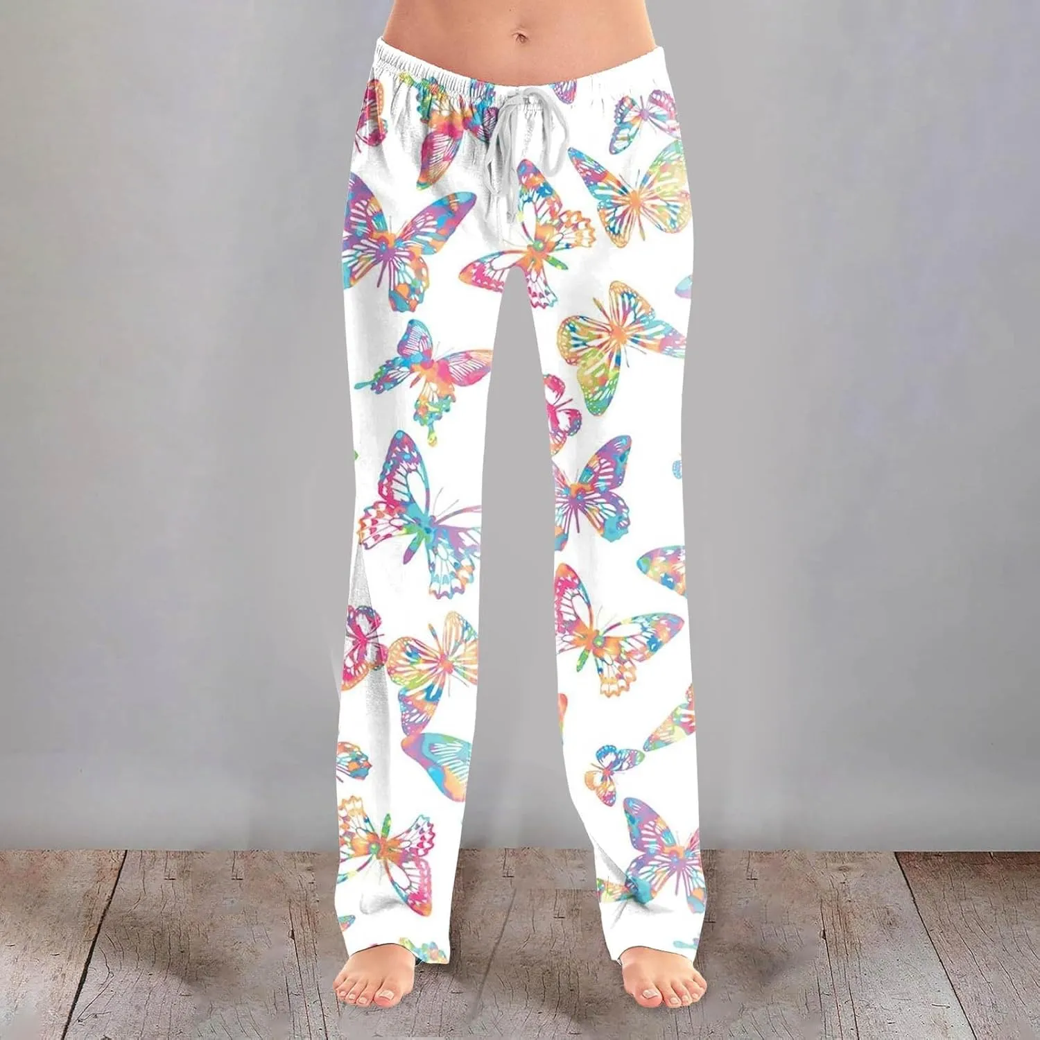 Womens Pajama Pants Butterfly Print High Waist Casual Palazzo Pants Drawstring Wide Leg Trousers with Pocket