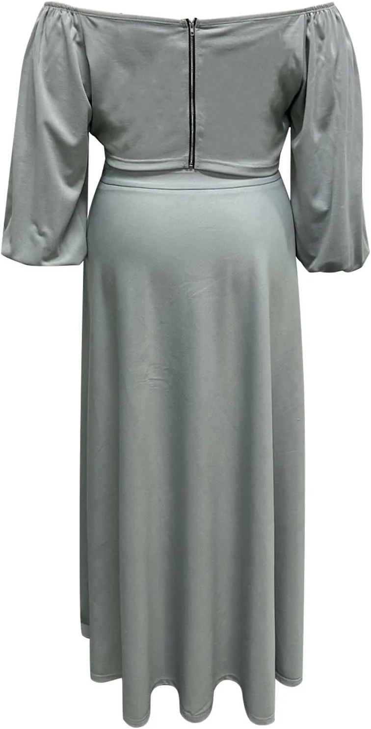 Women's Plus Size Basic Off Shoulder Suit Tube Top Sexy Strapless Side Slit Long Sleeve Two Piece Midi Club Dress