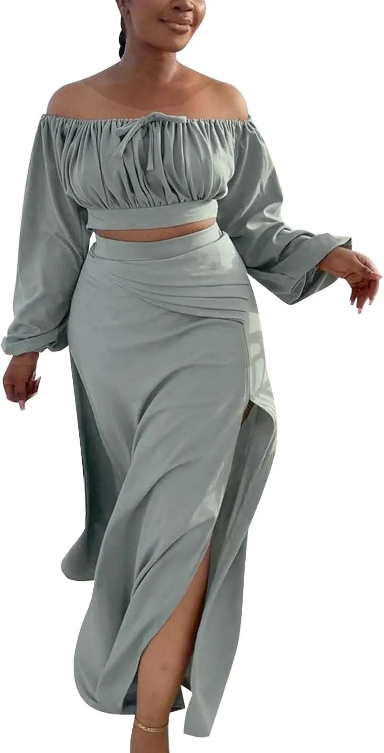 Women's Plus Size Basic Off Shoulder Suit Tube Top Sexy Strapless Side Slit Long Sleeve Two Piece Midi Club Dress