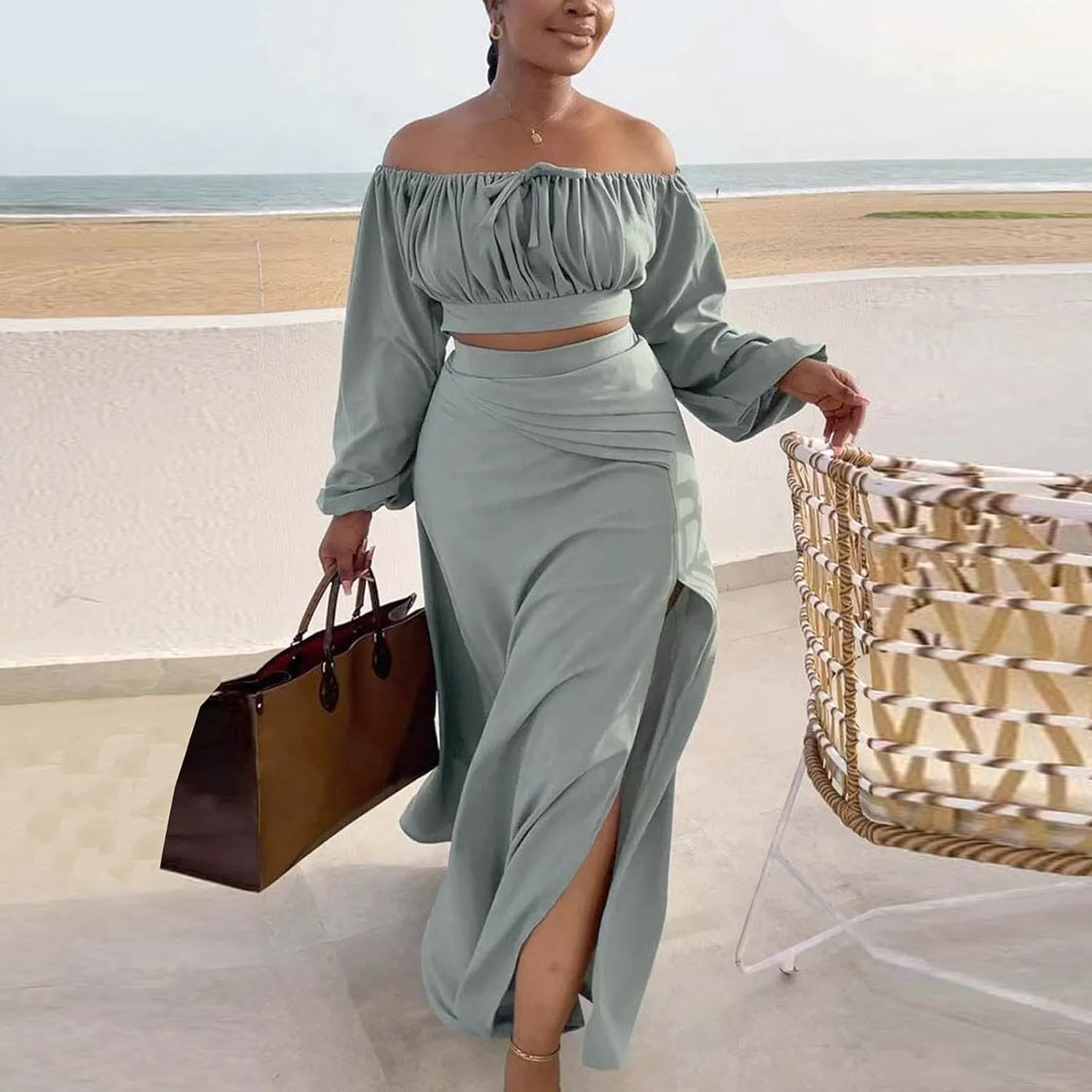 Women's Plus Size Basic Off Shoulder Suit Tube Top Sexy Strapless Side Slit Long Sleeve Two Piece Midi Club Dress