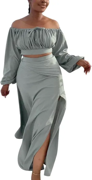 Women's Plus Size Basic Off Shoulder Suit Tube Top Sexy Strapless Side Slit Long Sleeve Two Piece Midi Club Dress