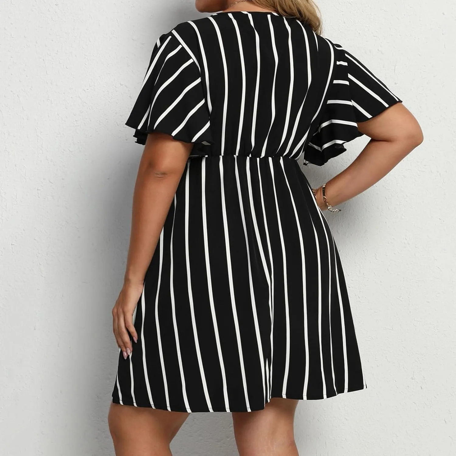 Women's Plus Size Dress Striped Print Wrap V Neck Short Sleeve A Line Dresses Summer Casual Tunic Fashion Dress