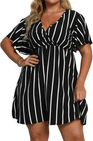 Women's Plus Size Dress Striped Print Wrap V Neck Short Sleeve A Line Dresses Summer Casual Tunic Fashion Dress