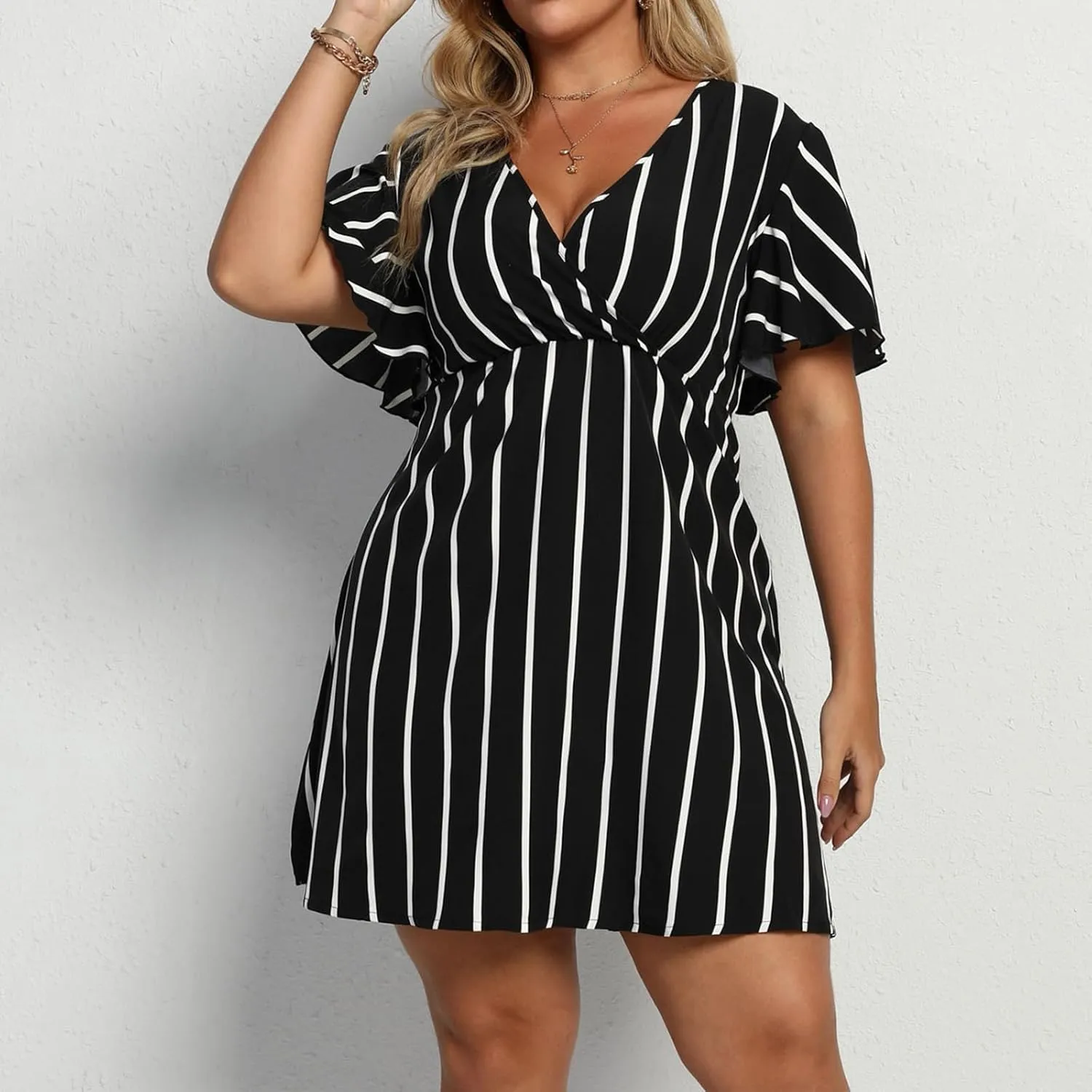 Women's Plus Size Dress Striped Print Wrap V Neck Short Sleeve A Line Dresses Summer Casual Tunic Fashion Dress
