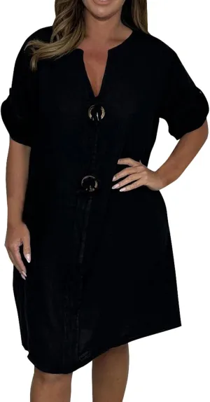 Womens Plus Size Linen Midi Dresses Trendy Summer Fall Long Sleeve Casual Button Elegant Formal Knee Length Dress