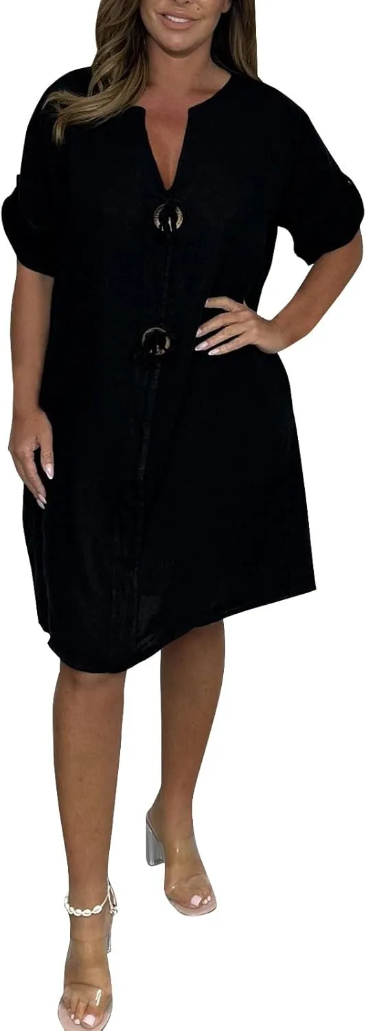 Womens Plus Size Linen Midi Dresses Trendy Summer Fall Long Sleeve Casual Button Elegant Formal Knee Length Dress