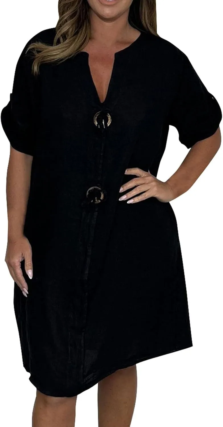 Womens Plus Size Linen Midi Dresses Trendy Summer Fall Long Sleeve Casual Button Elegant Formal Knee Length Dress