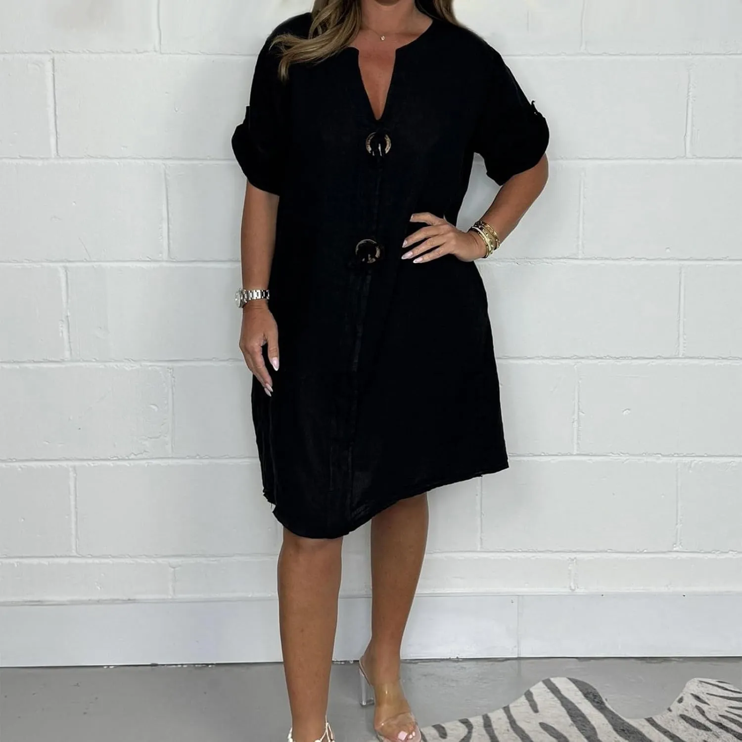 Womens Plus Size Linen Midi Dresses Trendy Summer Fall Long Sleeve Casual Button Elegant Formal Knee Length Dress