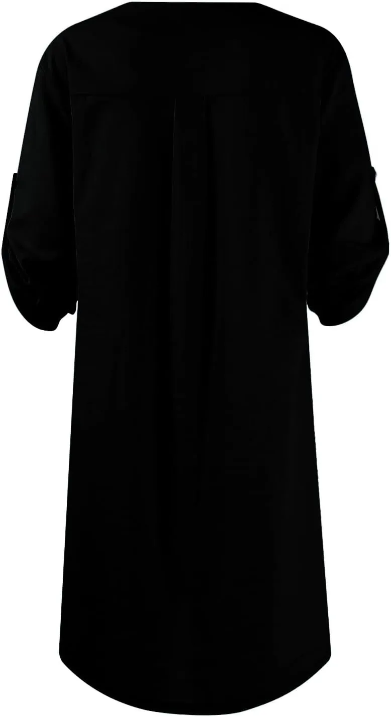 Womens Plus Size Linen Midi Dresses Trendy Summer Fall Long Sleeve Casual Button Elegant Formal Knee Length Dress