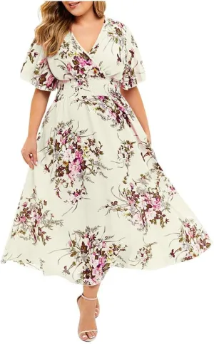 Womens Plus Size Summer Dress Short Sleeve Casual Floral Maxi Dresses High Waist Cocktail Flowy Wrap Sundress