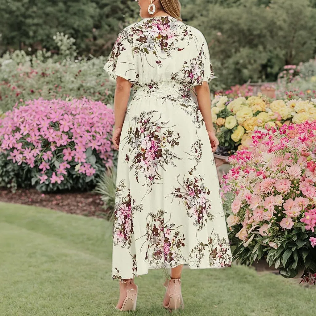 Womens Plus Size Summer Dress Short Sleeve Casual Floral Maxi Dresses High Waist Cocktail Flowy Wrap Sundress