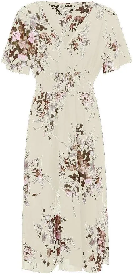 Womens Plus Size Summer Dress Short Sleeve Casual Floral Maxi Dresses High Waist Cocktail Flowy Wrap Sundress
