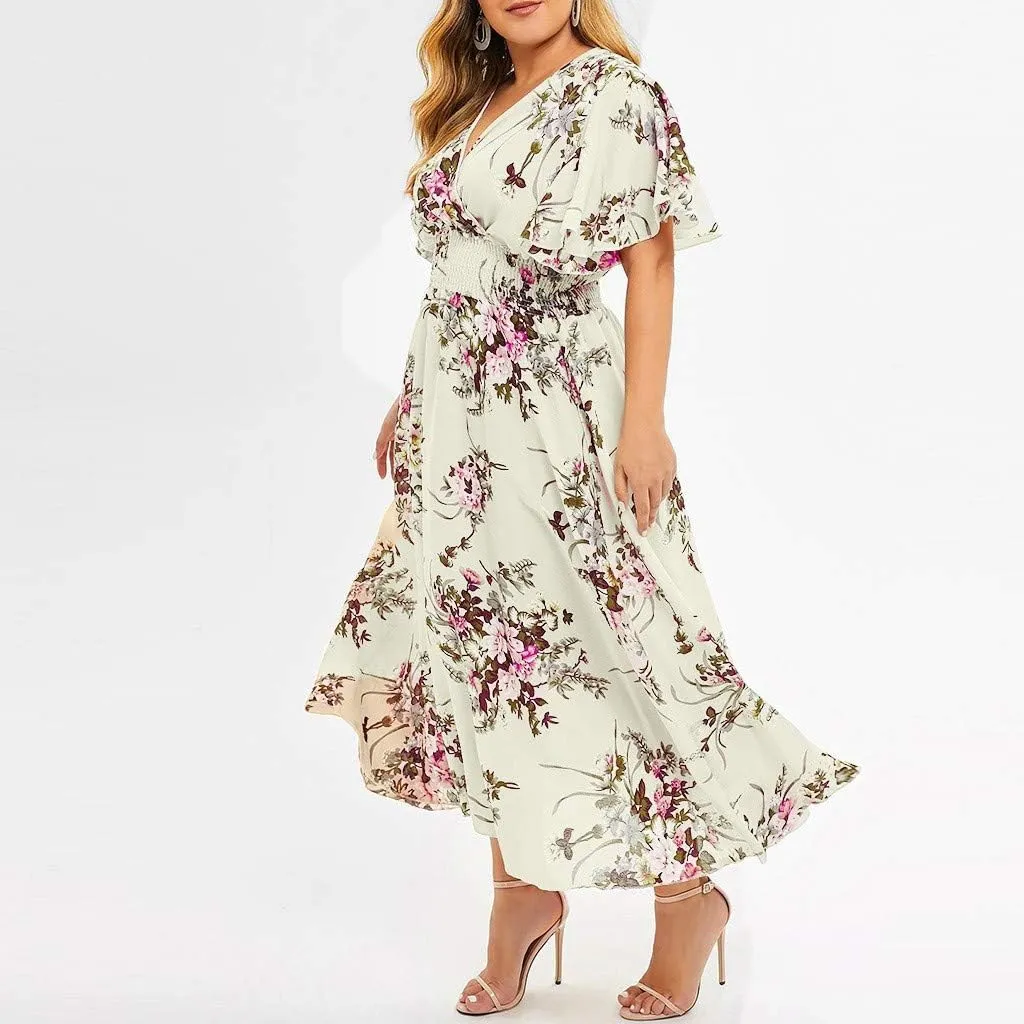 Womens Plus Size Summer Dress Short Sleeve Casual Floral Maxi Dresses High Waist Cocktail Flowy Wrap Sundress