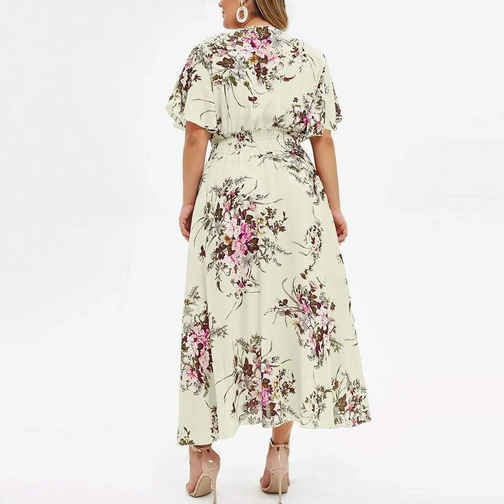 Womens Plus Size Summer Dress Short Sleeve Casual Floral Maxi Dresses High Waist Cocktail Flowy Wrap Sundress
