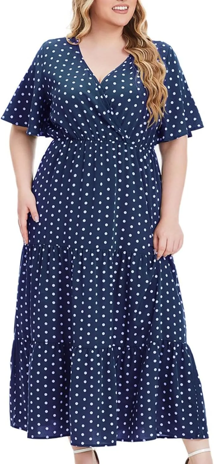 Women's Plus Size Summer Dresses Short Sleeve Wrap V Neck Swiss Dot Boho Tiered Ruffle Maxi Dress Vacation Outfit