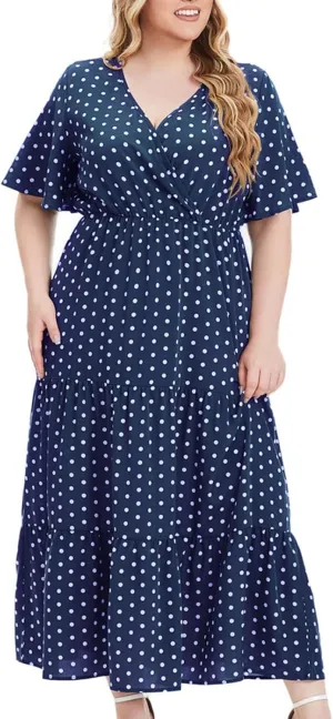 Women's Plus Size Summer Dresses Short Sleeve Wrap V Neck Swiss Dot Boho Tiered Ruffle Maxi Dress Vacation Outfit