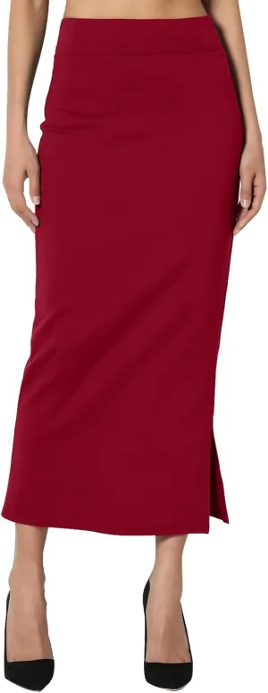 Women's S~3X Side Slit Ponte Knit High Waist Mid Calf Long Pencil Skirt Sweatshirt Skirt