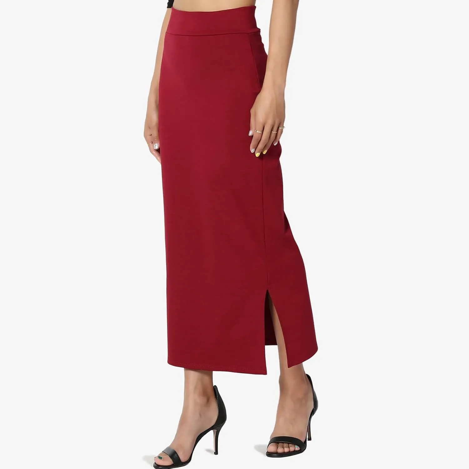 Women's S~3X Side Slit Ponte Knit High Waist Mid Calf Long Pencil Skirt Sweatshirt Skirt
