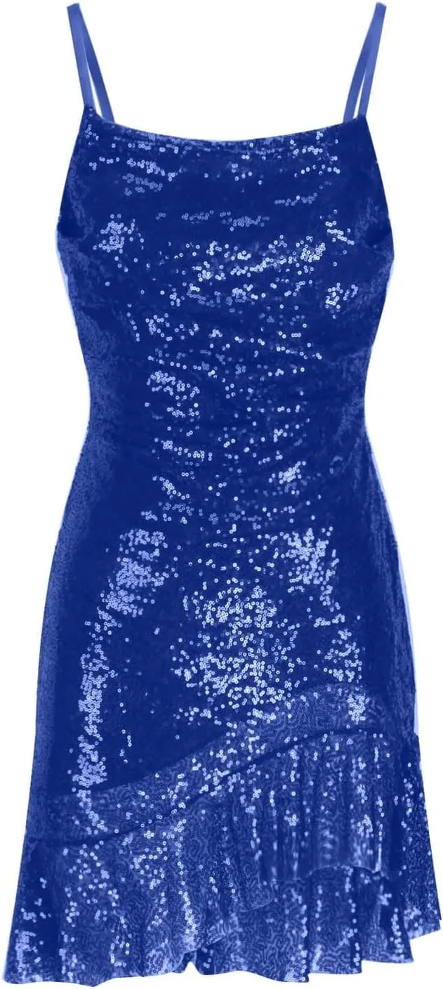 Womens Sequin Dress Spaghetti Strap Criss Cross Strappy Backless Mini Dresses Summer Sexy Ruffle Swing Flowy Dress