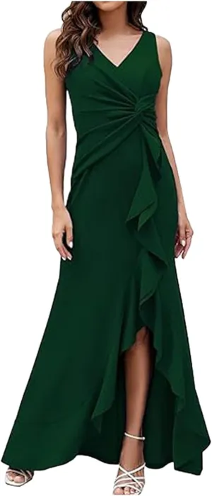 Womens Sexy Ruffle V Neck Ruched Formal Wedding Guest Prom Maxi Dress 2025 Irregular Cocktail High Split Evening Gown