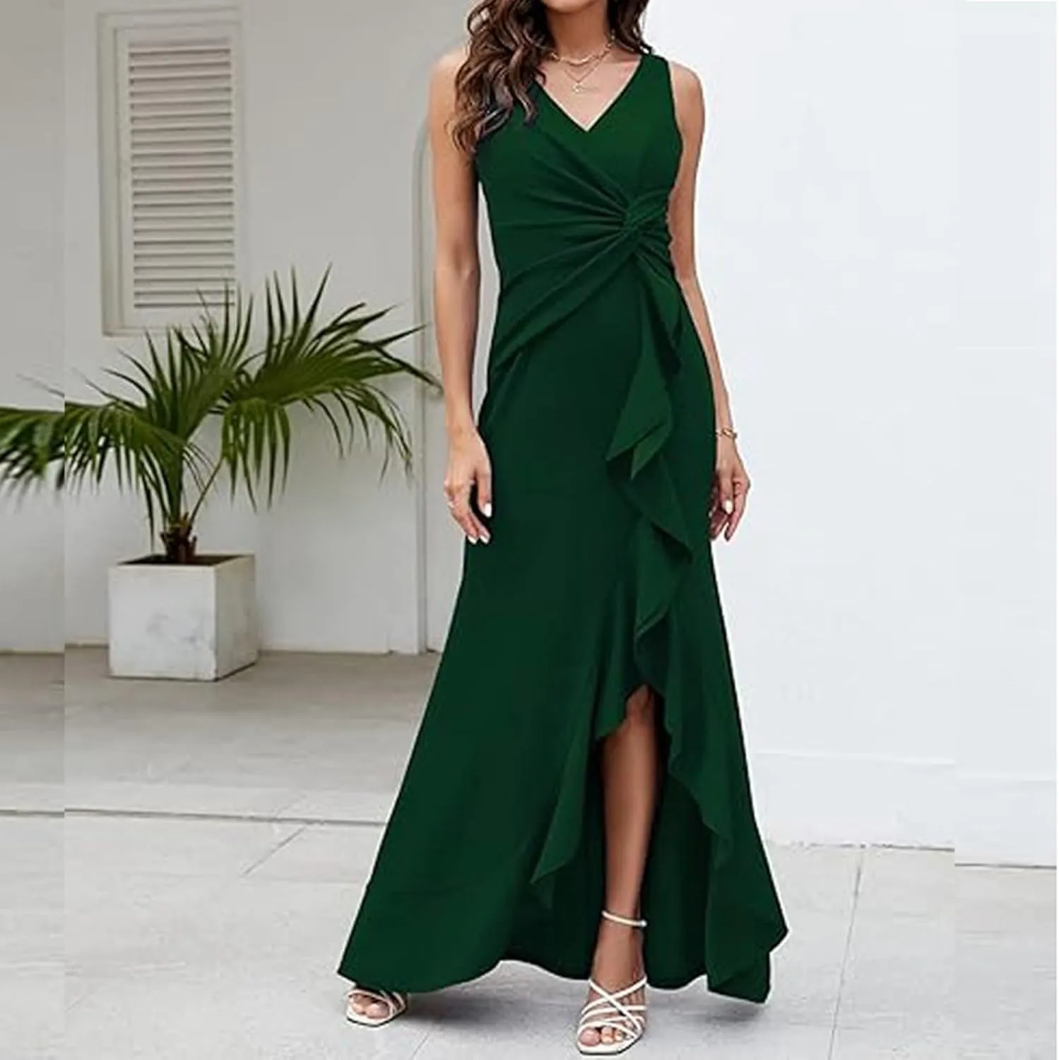 Womens Sexy Ruffle V Neck Ruched Formal Wedding Guest Prom Maxi Dress 2025 Irregular Cocktail High Split Evening Gown