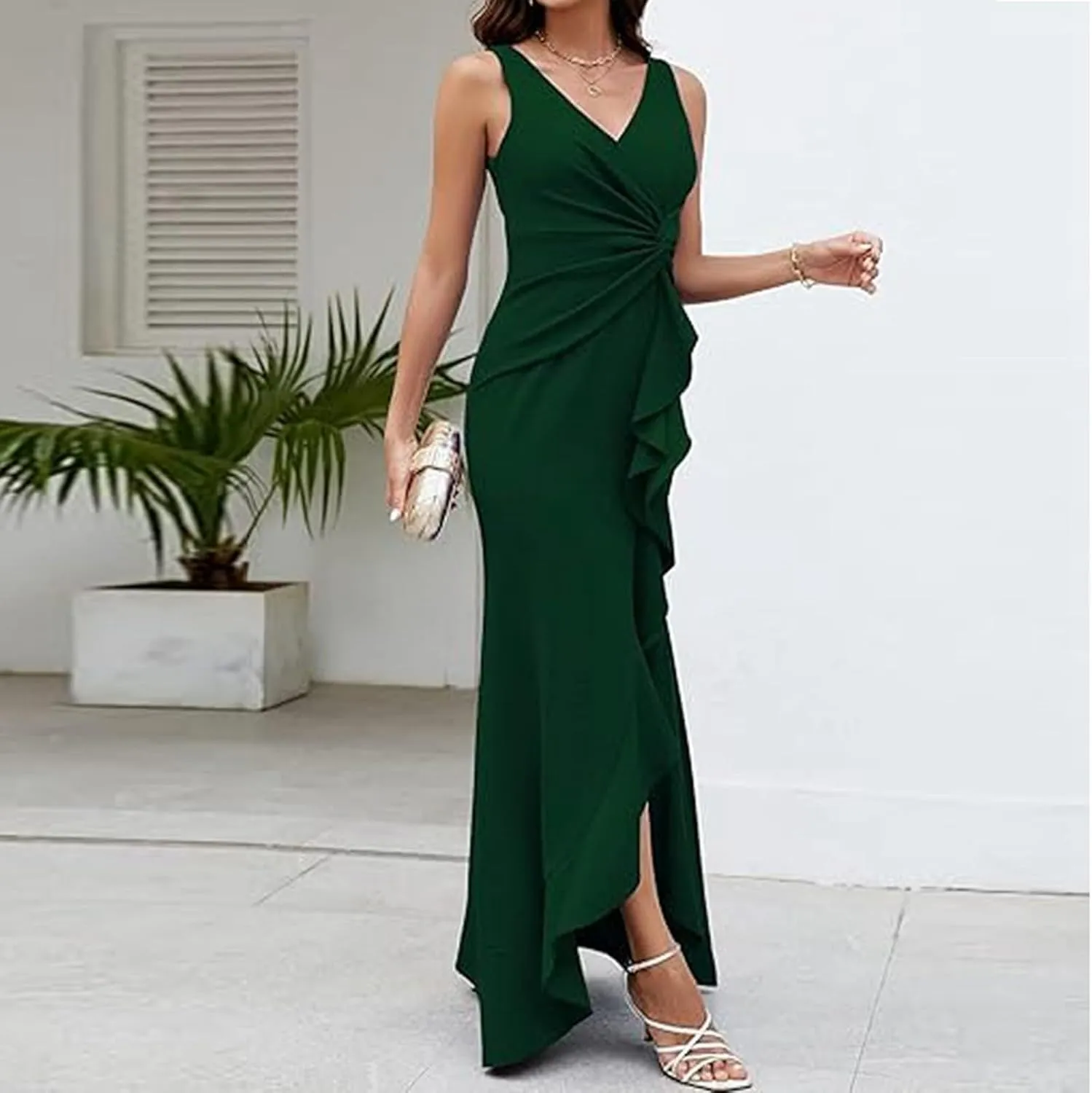 Womens Sexy Ruffle V Neck Ruched Formal Wedding Guest Prom Maxi Dress 2025 Irregular Cocktail High Split Evening Gown