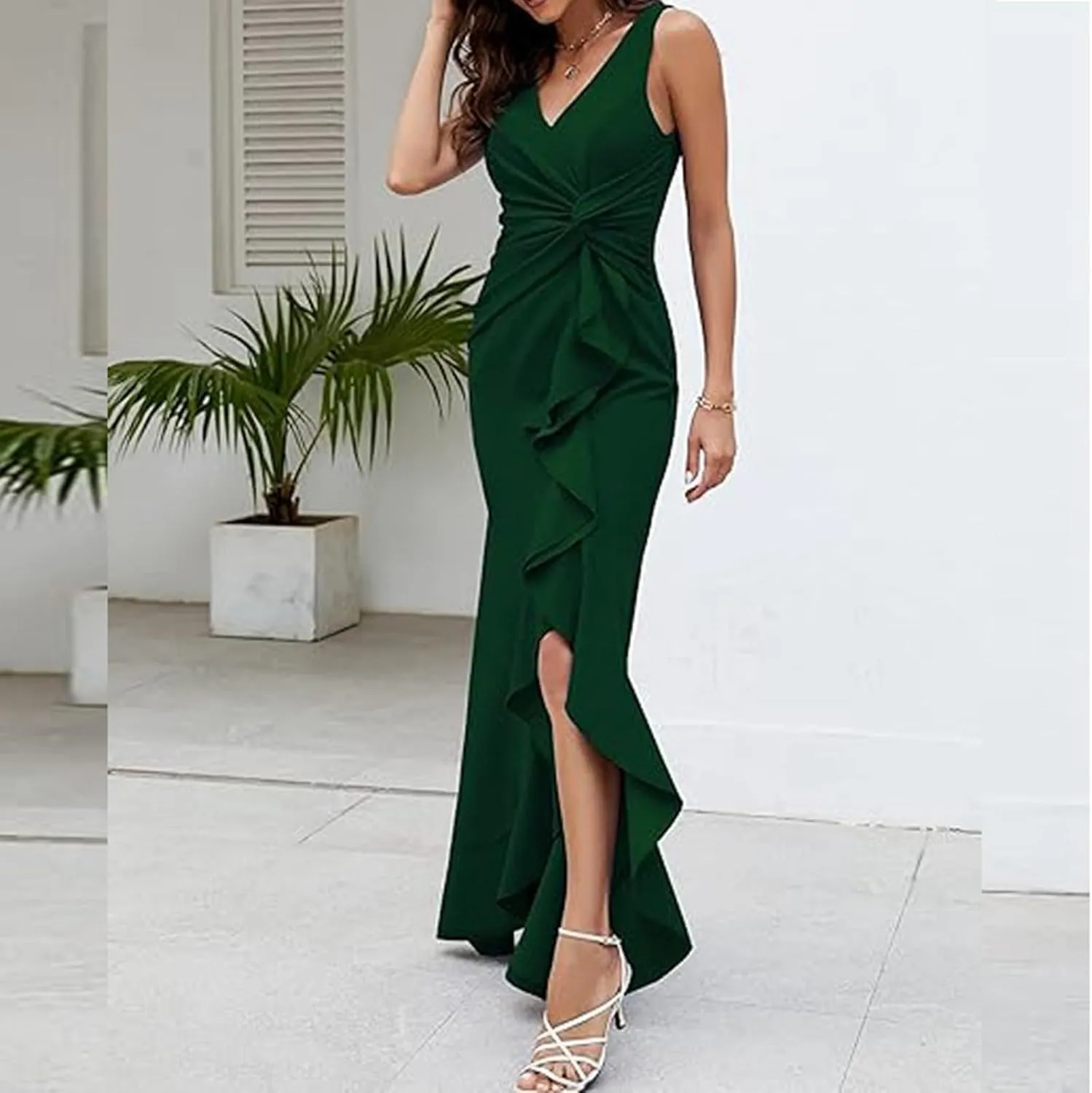 Womens Sexy Ruffle V Neck Ruched Formal Wedding Guest Prom Maxi Dress 2025 Irregular Cocktail High Split Evening Gown