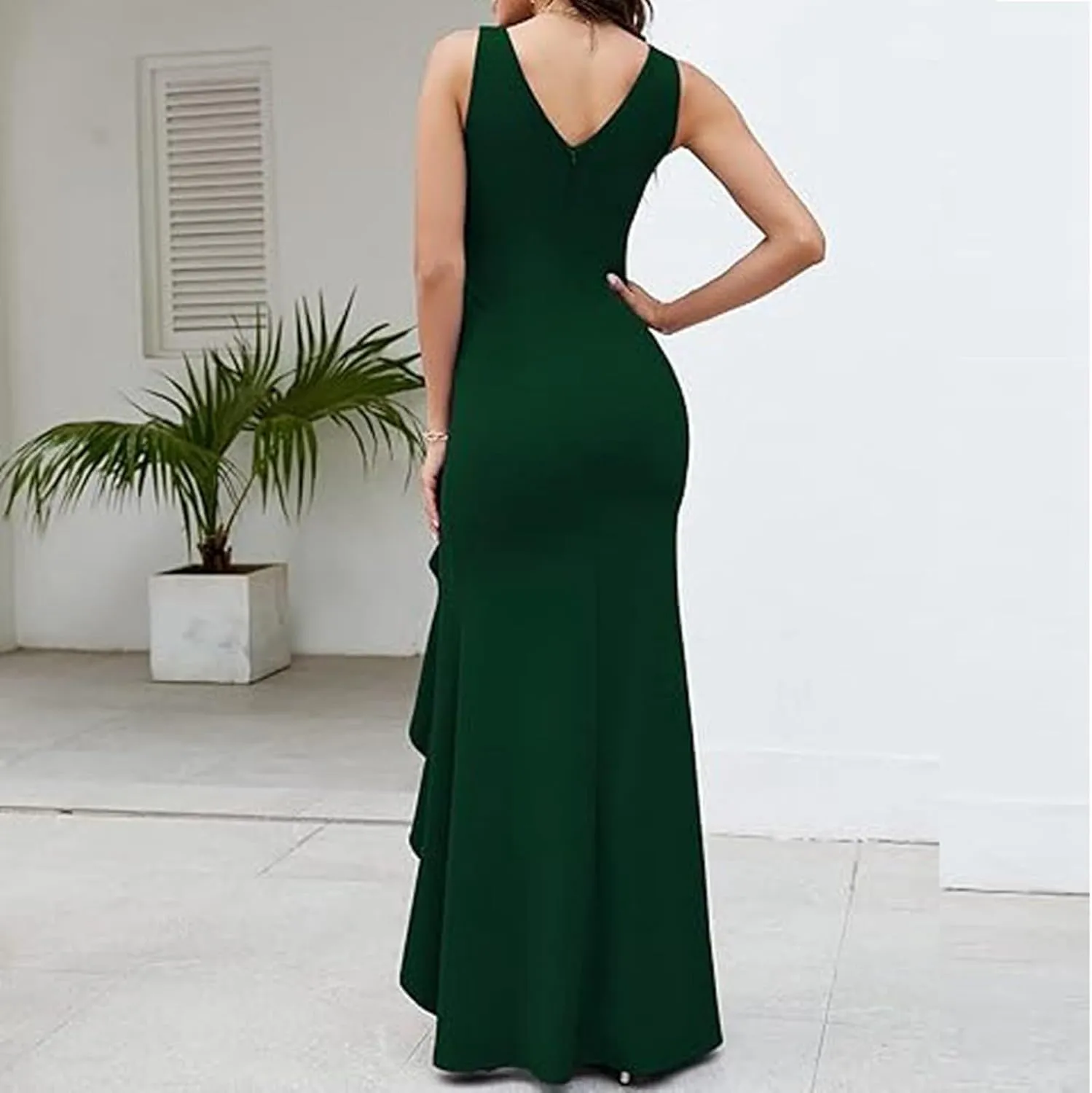 Womens Sexy Ruffle V Neck Ruched Formal Wedding Guest Prom Maxi Dress 2025 Irregular Cocktail High Split Evening Gown