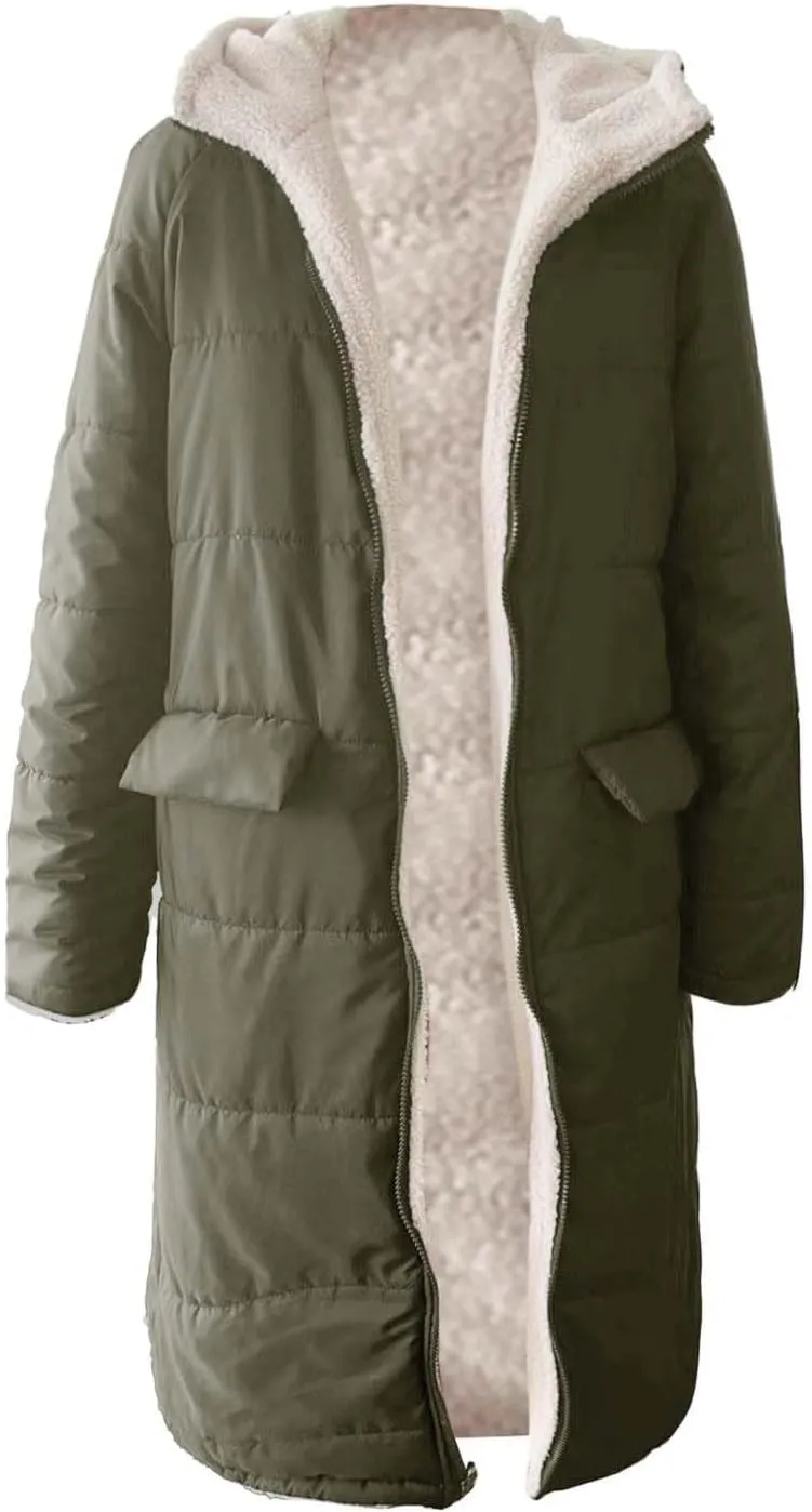 Womens Sherpa Wool Lined Puffer Jacket Double Faced Long Sleeve Hooded Down Jacket Thickened Thermal Long Overcoat