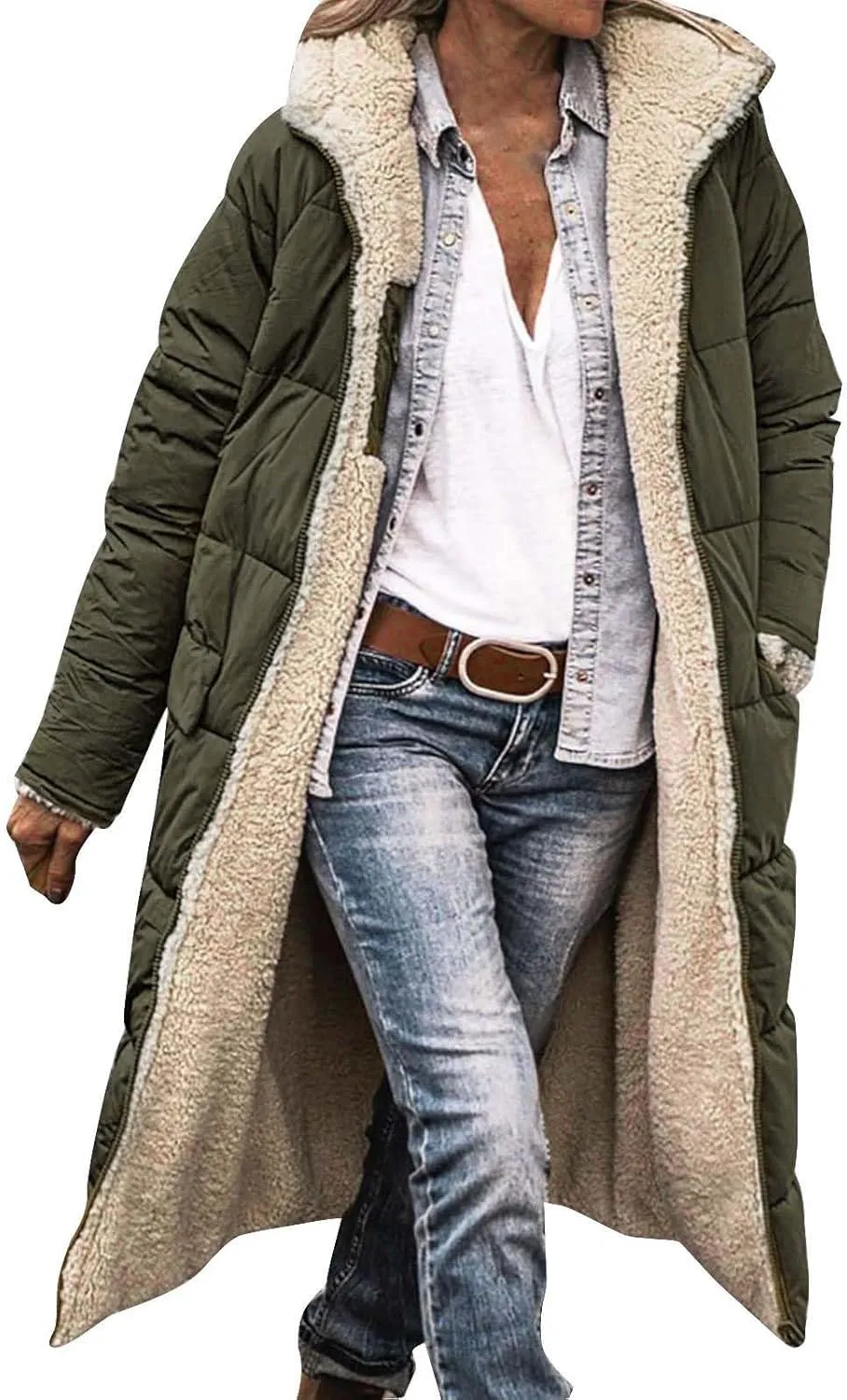Womens Sherpa Wool Lined Puffer Jacket Double Faced Long Sleeve Hooded Down Jacket Thickened Thermal Long Overcoat