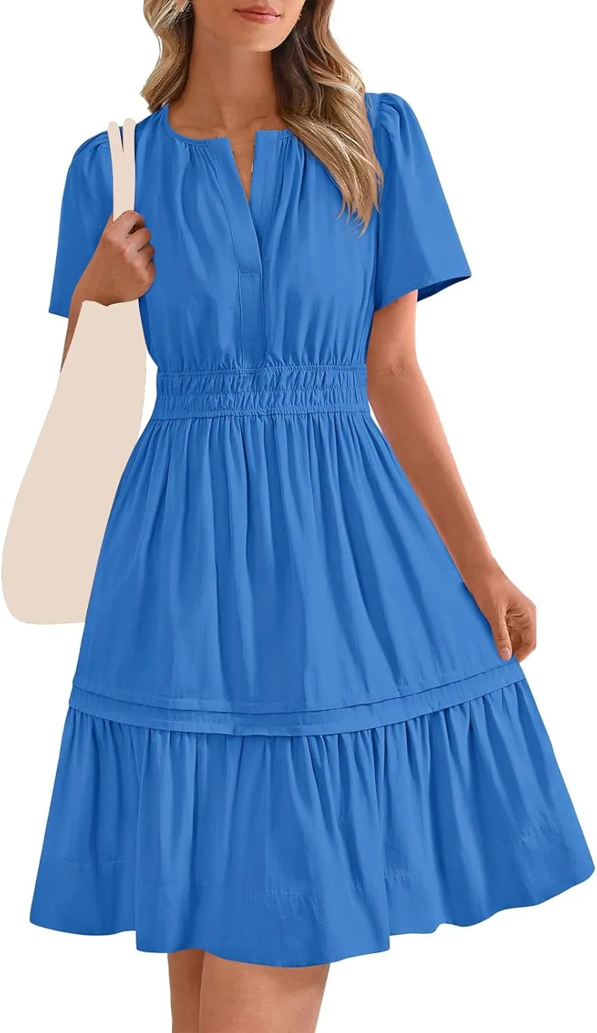 Womens Short Sleeve Dresses V Neck Smocked Waist A-Line Tiered Mini Dress Summer Flowy Boho Vacation Beach Sundress