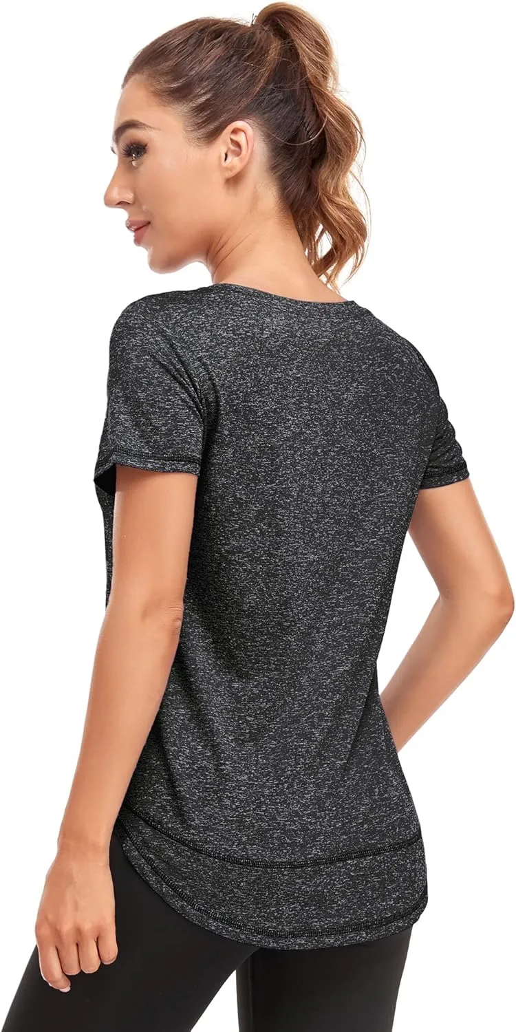 Women's Short Sleeve Workout Shirts Crewneck Sports Yoga Running Dry Fit Tops Side Split Tee