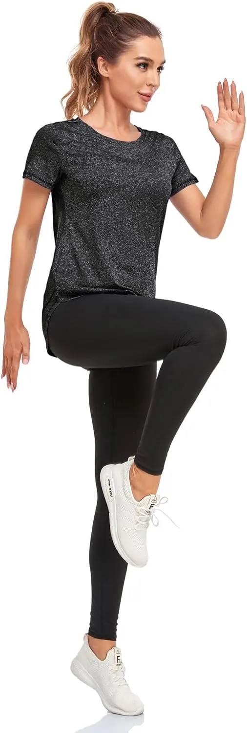 Women's Short Sleeve Workout Shirts Crewneck Sports Yoga Running Dry Fit Tops Side Split Tee