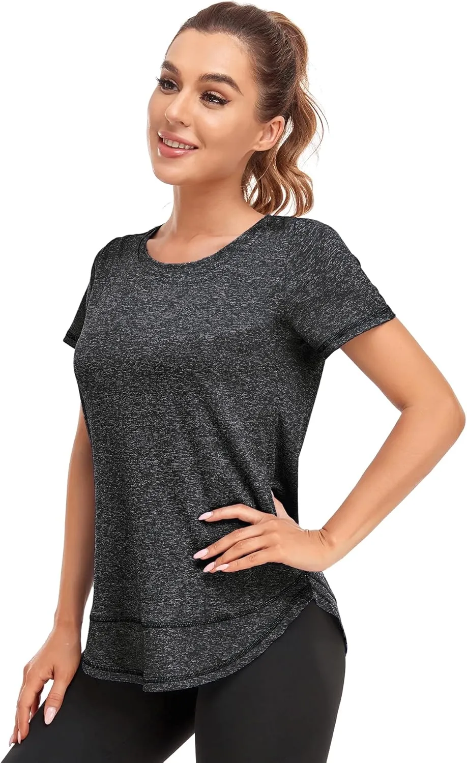 Women's Short Sleeve Workout Shirts Crewneck Sports Yoga Running Dry Fit Tops Side Split Tee