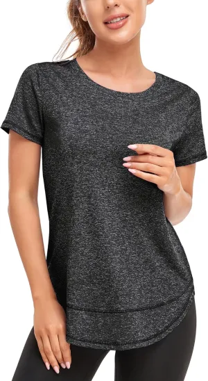 Women's Short Sleeve Workout Shirts Crewneck Sports Yoga Running Dry Fit Tops Side Split Tee