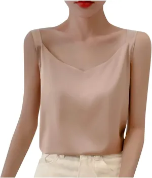 Women's Silk Satin Tank Tops V Neck Spaghetti Strap Sleeveless Camisole Solid Color Fashion Summer Basic Blouse