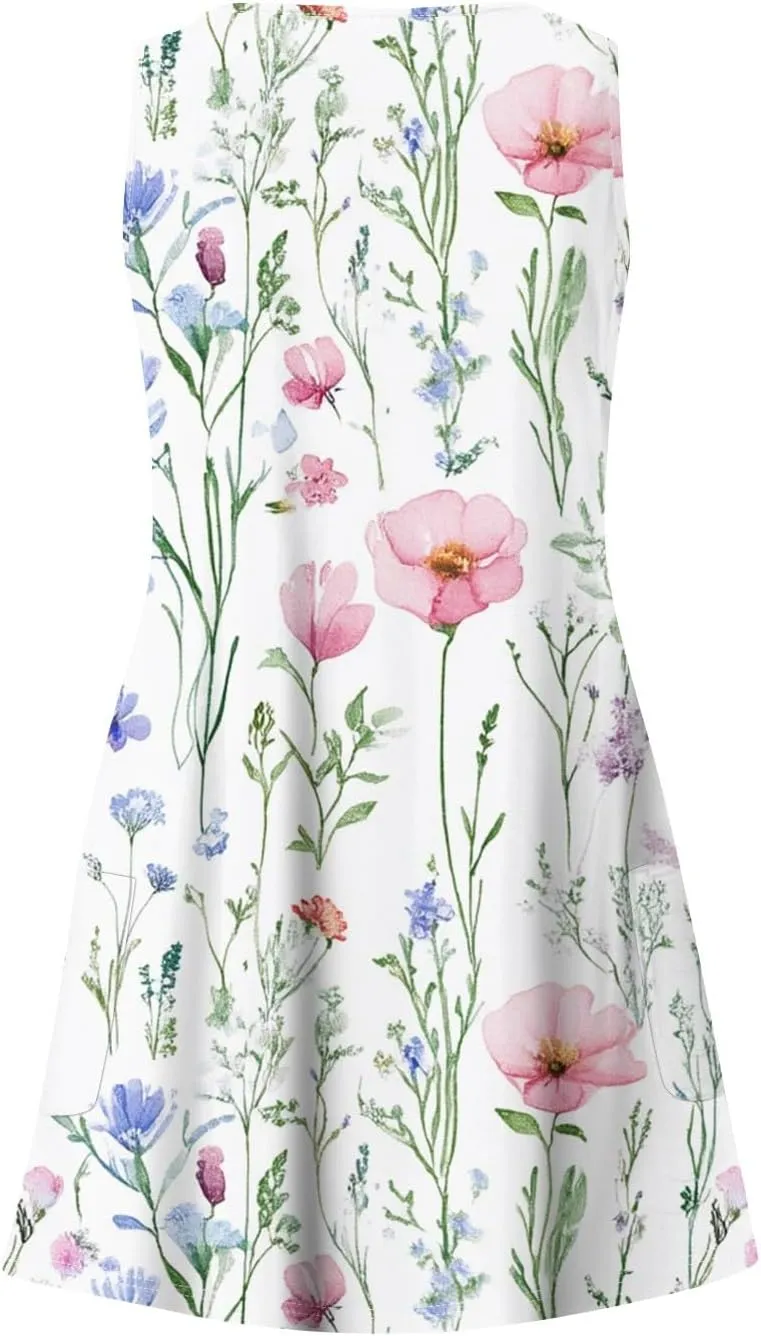 Women's Sleeveless Floral Print Summer Dress Casual Loose Fit Beach Summer with V-Neckline and Colors