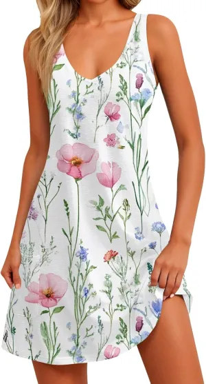 Women's Sleeveless Floral Print Summer Dress Casual Loose Fit Beach Summer with V-Neckline and Colors