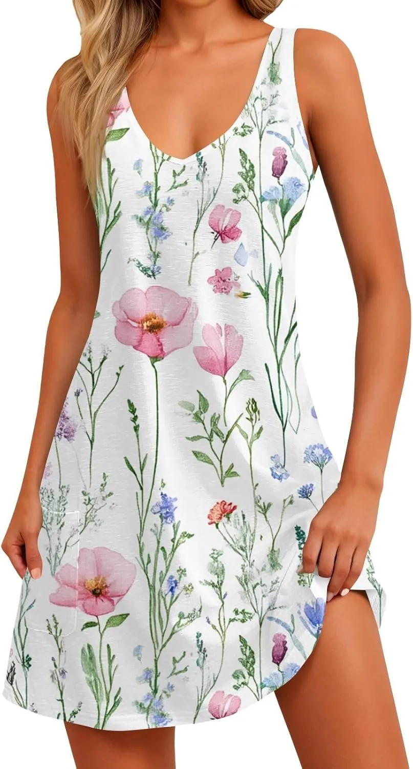 Women's Sleeveless Floral Print Summer Dress Casual Loose Fit Beach Summer with V-Neckline and Colors