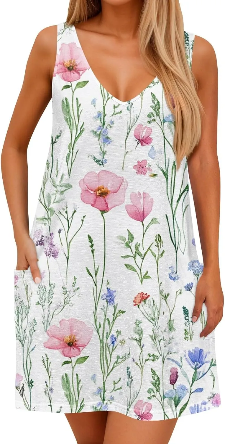Women's Sleeveless Floral Print Summer Dress Casual Loose Fit Beach Summer with V-Neckline and Colors