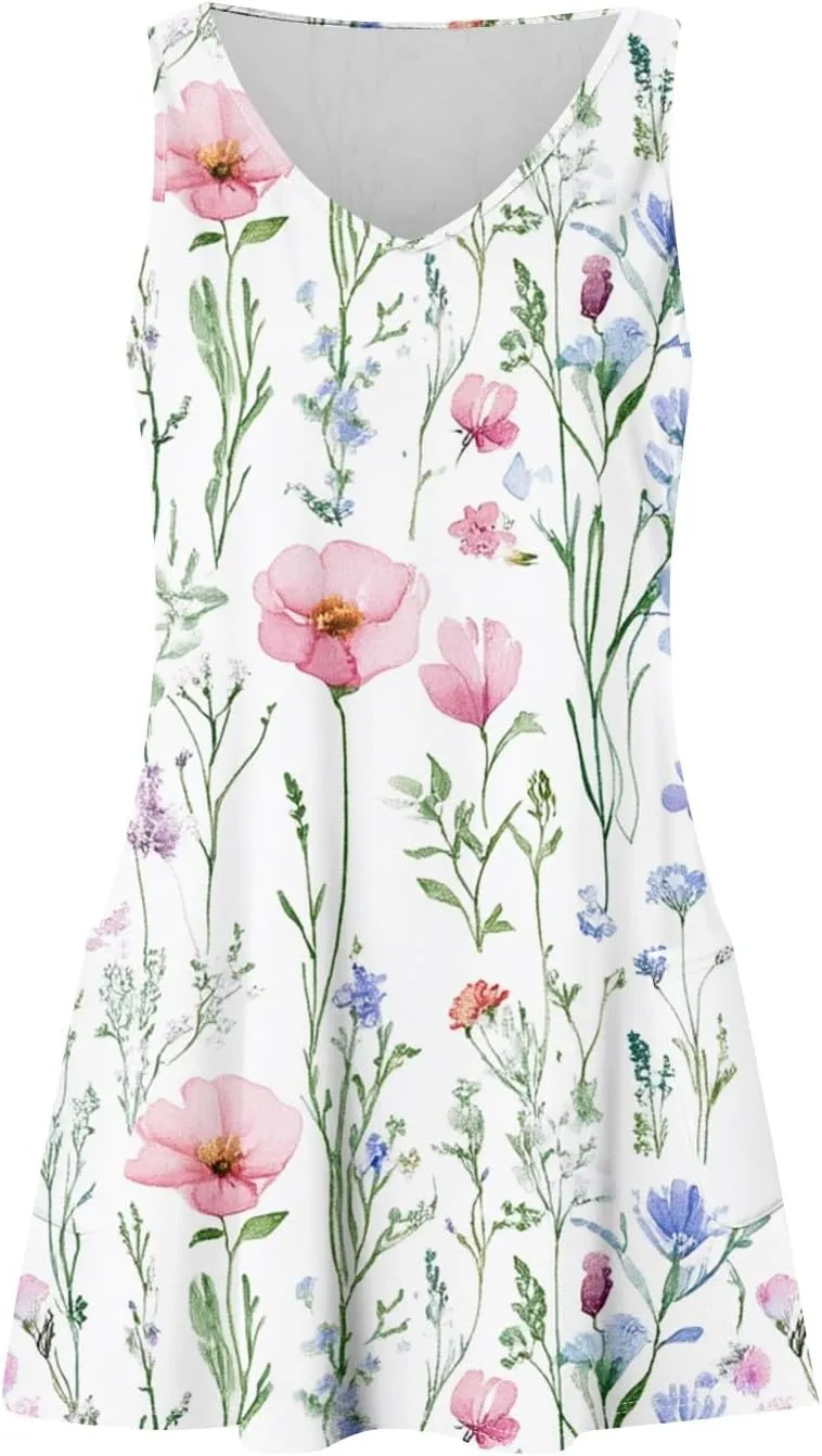 Women's Sleeveless Floral Print Summer Dress Casual Loose Fit Beach Summer with V-Neckline and Colors