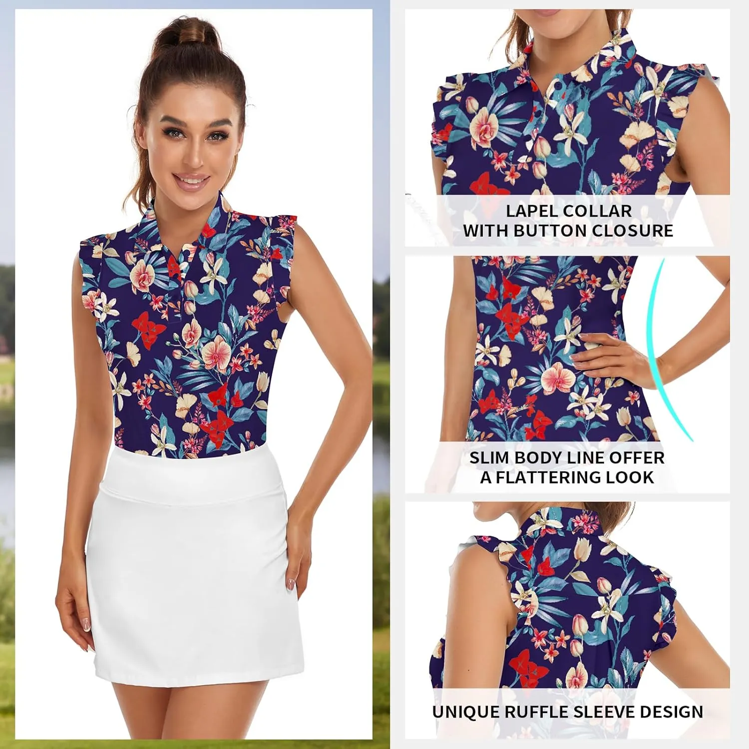 Womens Sleeveless Golf Shirt Ruffle Sleeve Polo Shirts Moisture Wicking Golf Apparel Tennis Shirts Golf Tank Tops