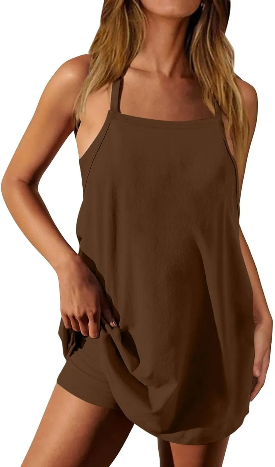 Womens Sleeveless Mini Dress with Built-in Shorts Summer Spaghetti Strap Romper Dresses Workout Sundress with Pockets